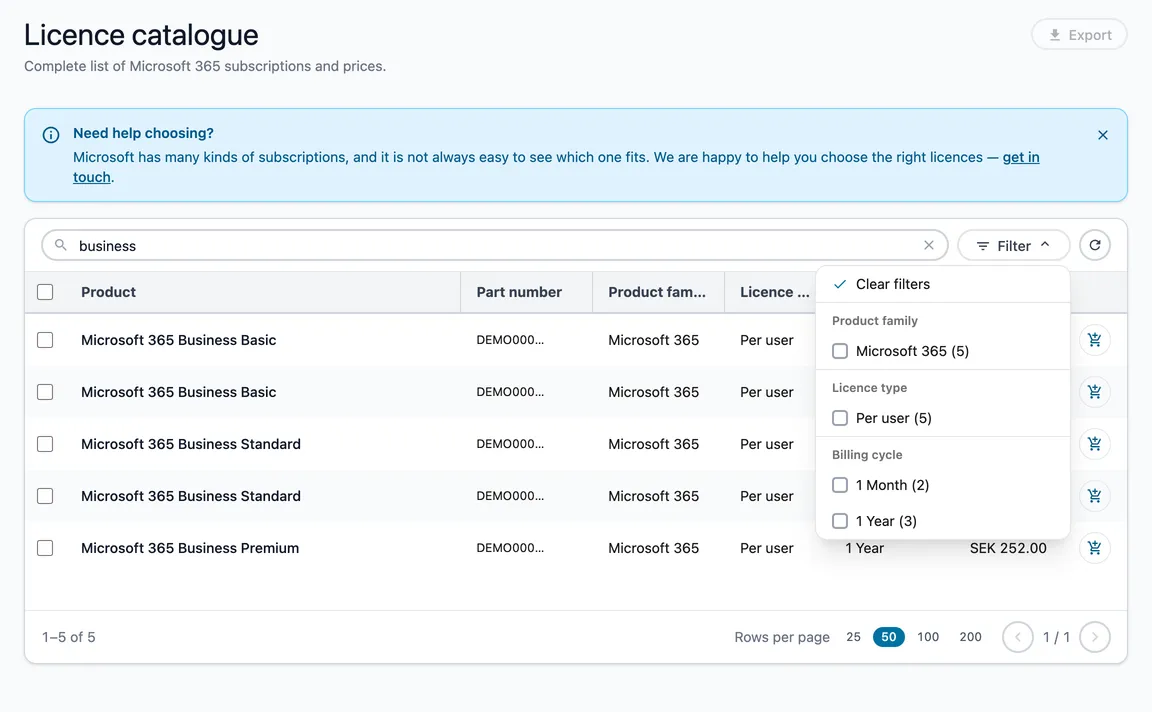 The licence catalogue