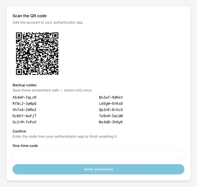 Scanning the QR code and saving backup codes