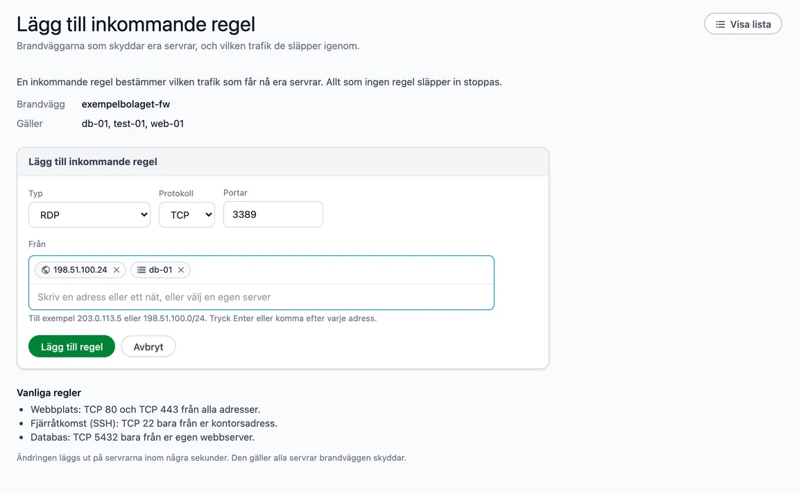 Lägg till en inkommande regel
