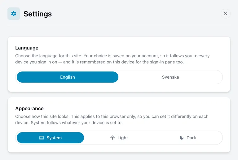 The settings page