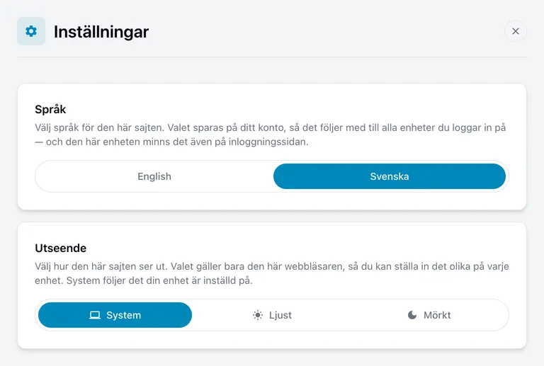 Sidan Inställningar